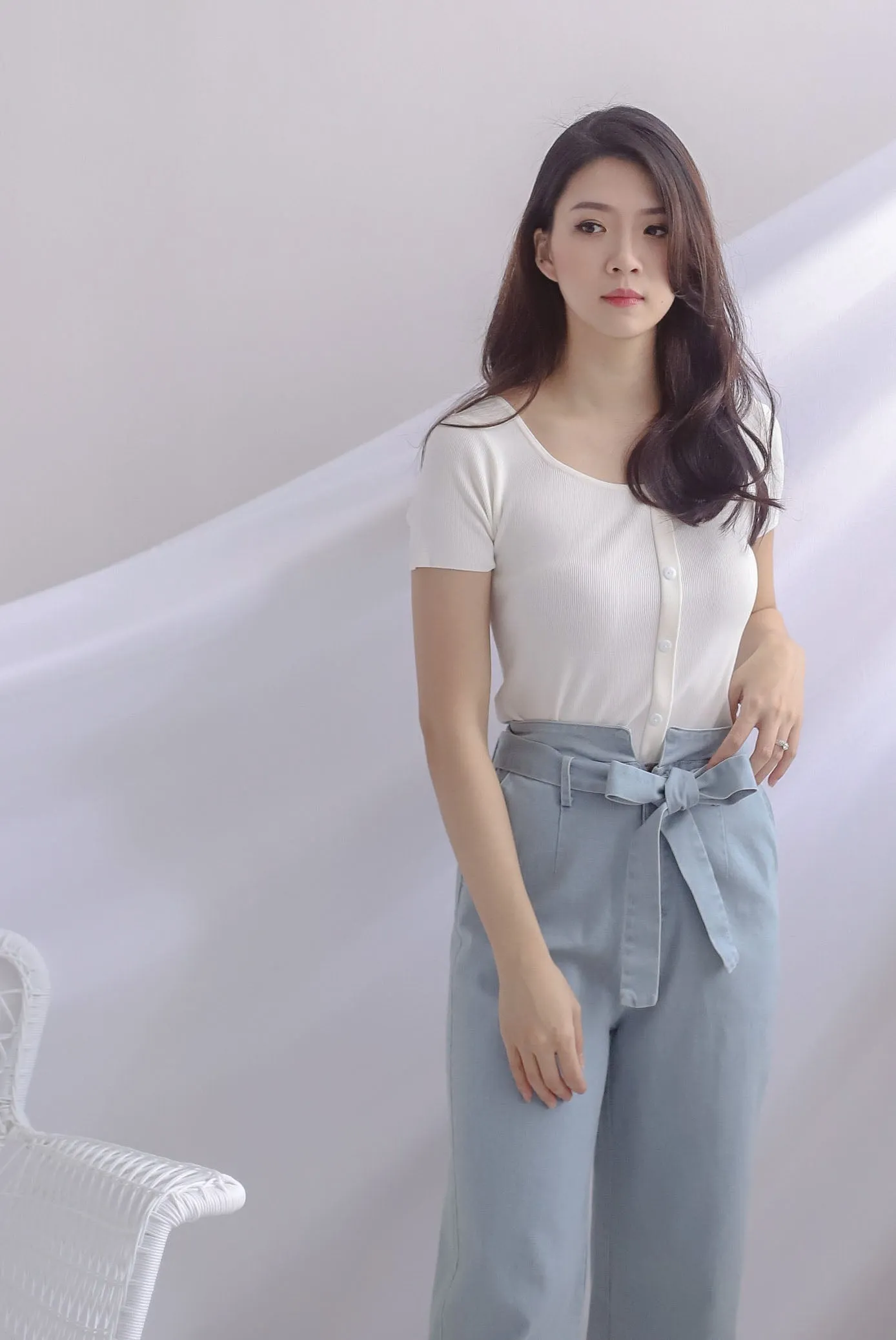 Gem Buttons Square Neck Top In White