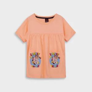 Girls Pure Cotton Peach Looney Tunes Printed Frock