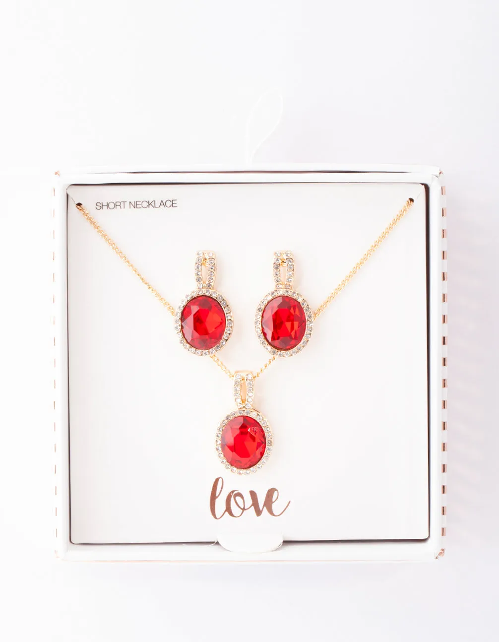 Gold Red Halo Necklace & Earrings Set