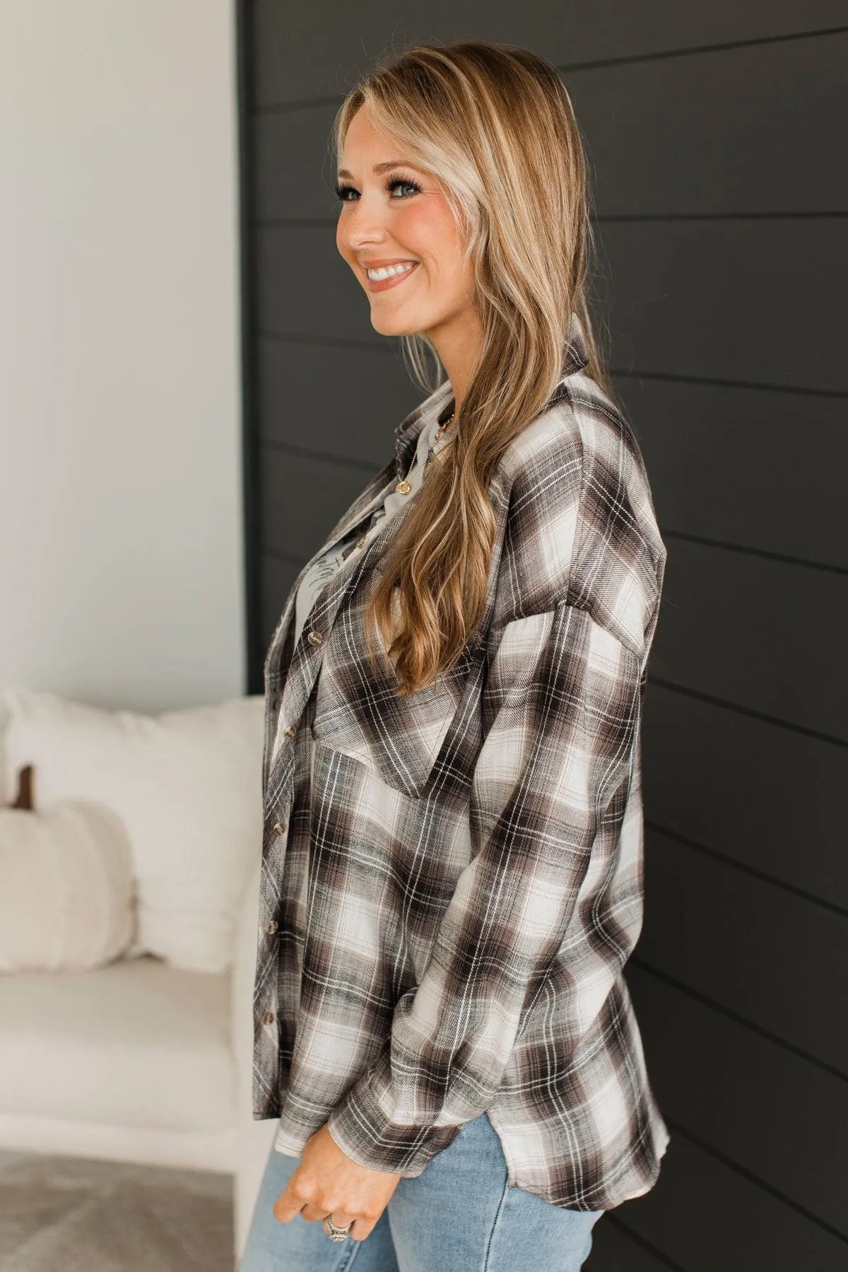 Good Outcomes Plaid Button Top- Charcoal