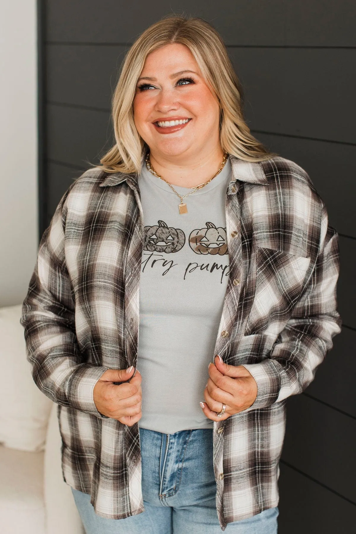 Good Outcomes Plaid Button Top- Charcoal