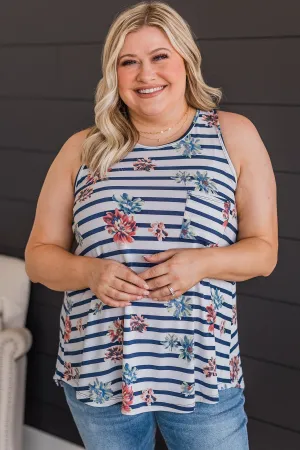 Got A Feeling Floral & Stripe Tank Top- Ivory & Navy
