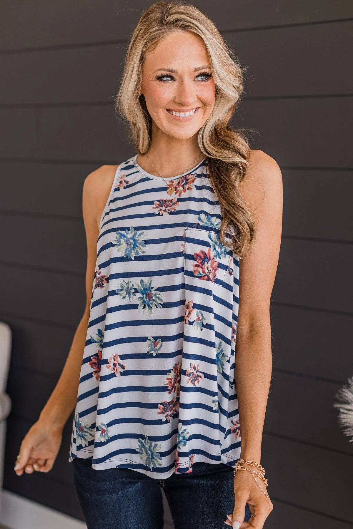 Got A Feeling Floral & Stripe Tank Top- Ivory & Navy