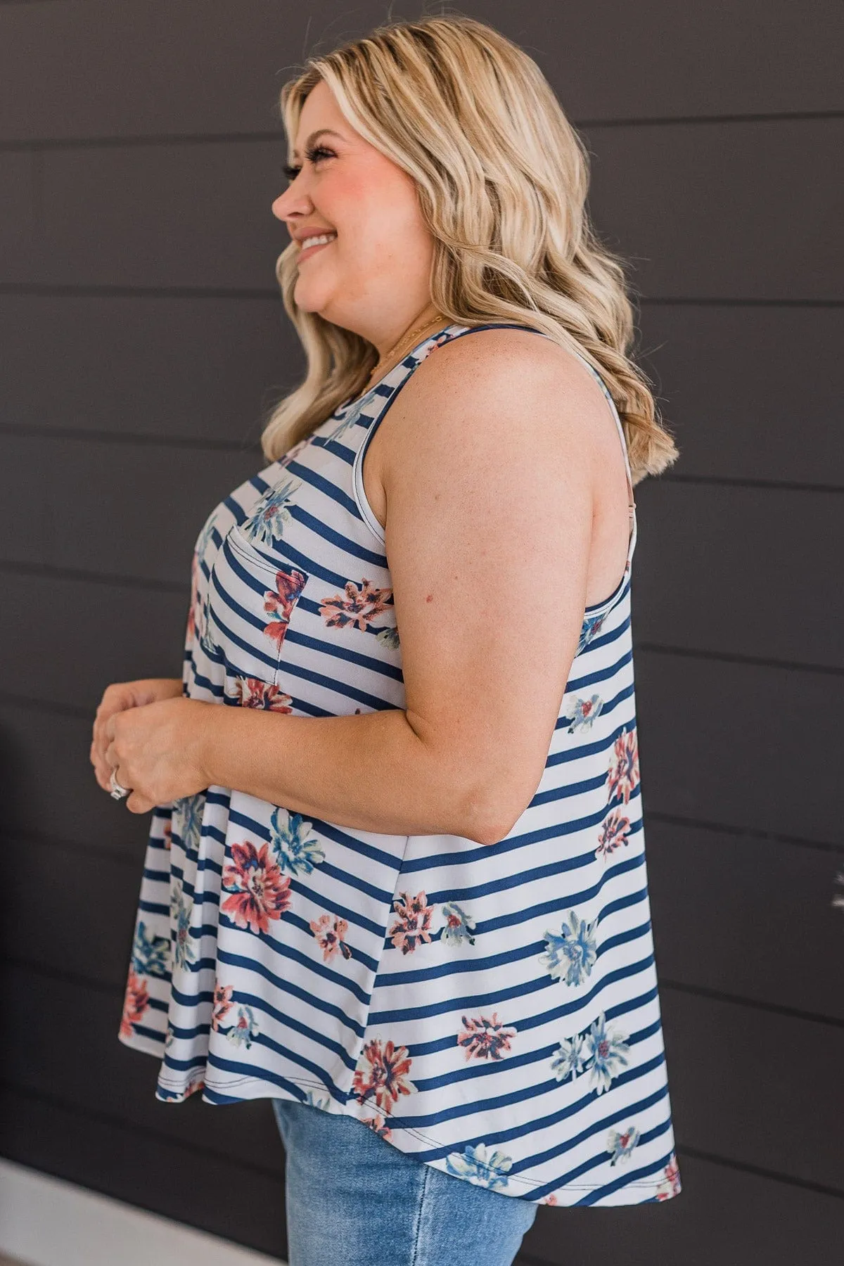 Got A Feeling Floral & Stripe Tank Top- Ivory & Navy
