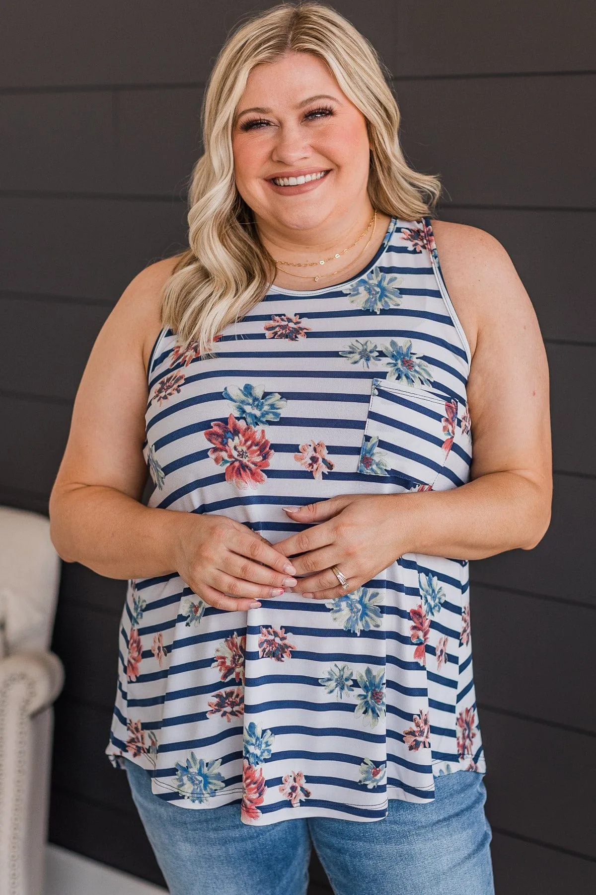 Got A Feeling Floral & Stripe Tank Top- Ivory & Navy