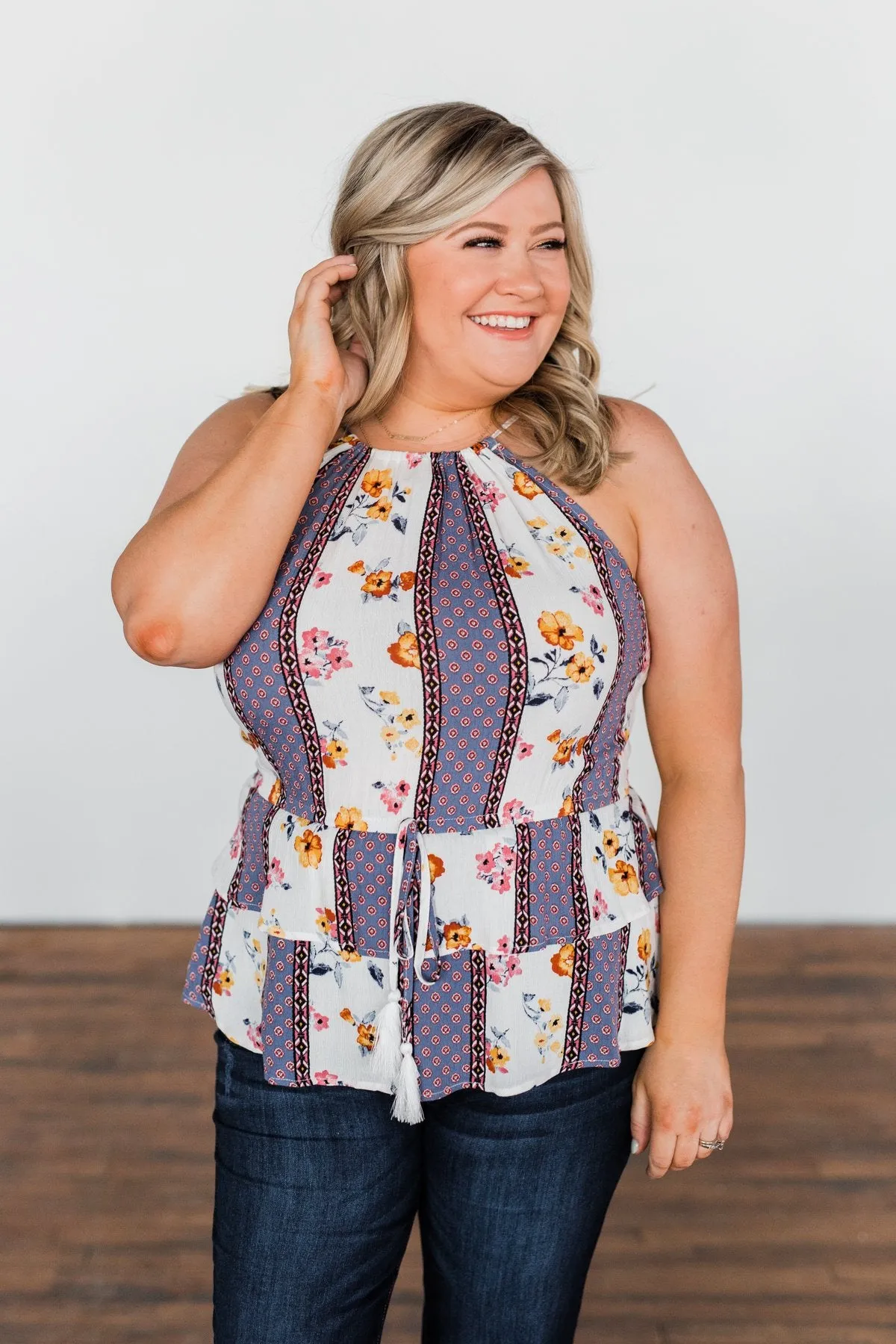 Got My Attention Tank Top- Ivory & Dusty Blue