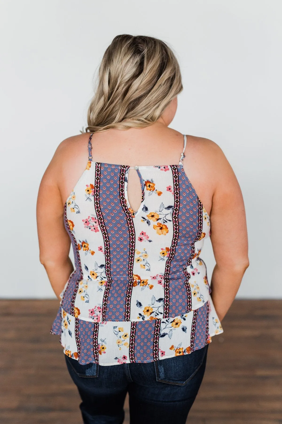Got My Attention Tank Top- Ivory & Dusty Blue