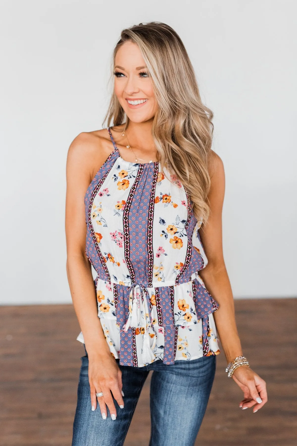 Got My Attention Tank Top- Ivory & Dusty Blue