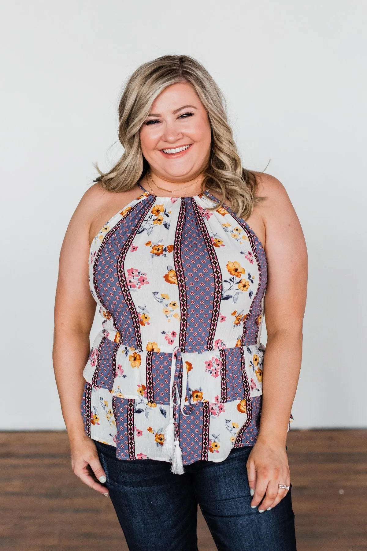 Got My Attention Tank Top- Ivory & Dusty Blue