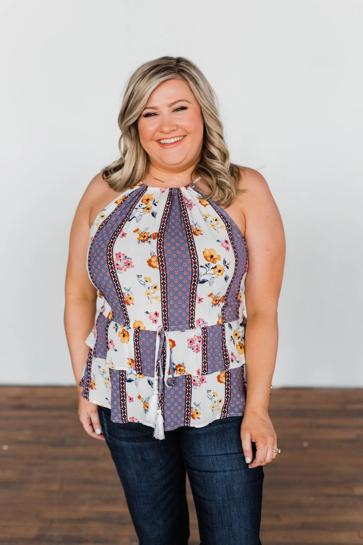 Got My Attention Tank Top- Ivory & Dusty Blue