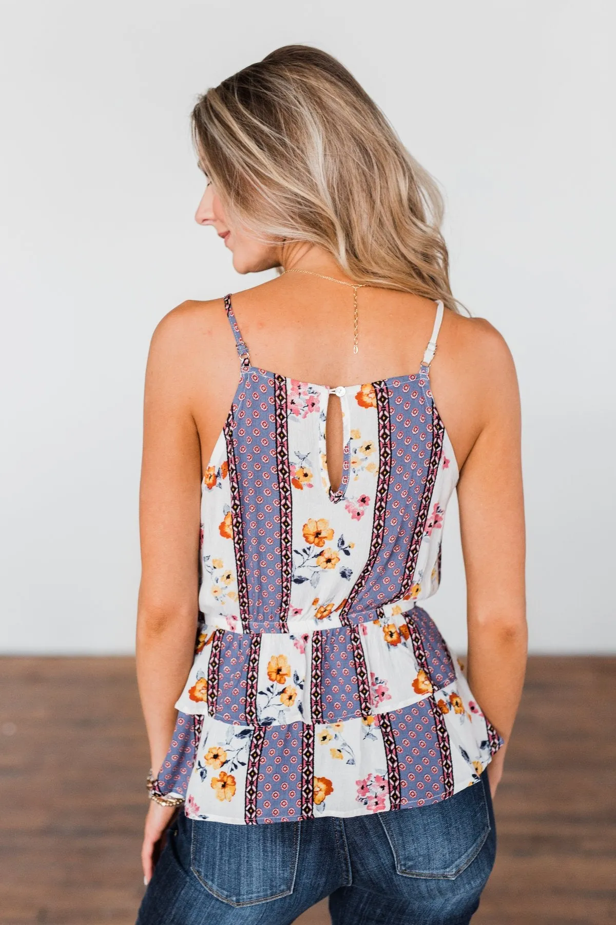 Got My Attention Tank Top- Ivory & Dusty Blue
