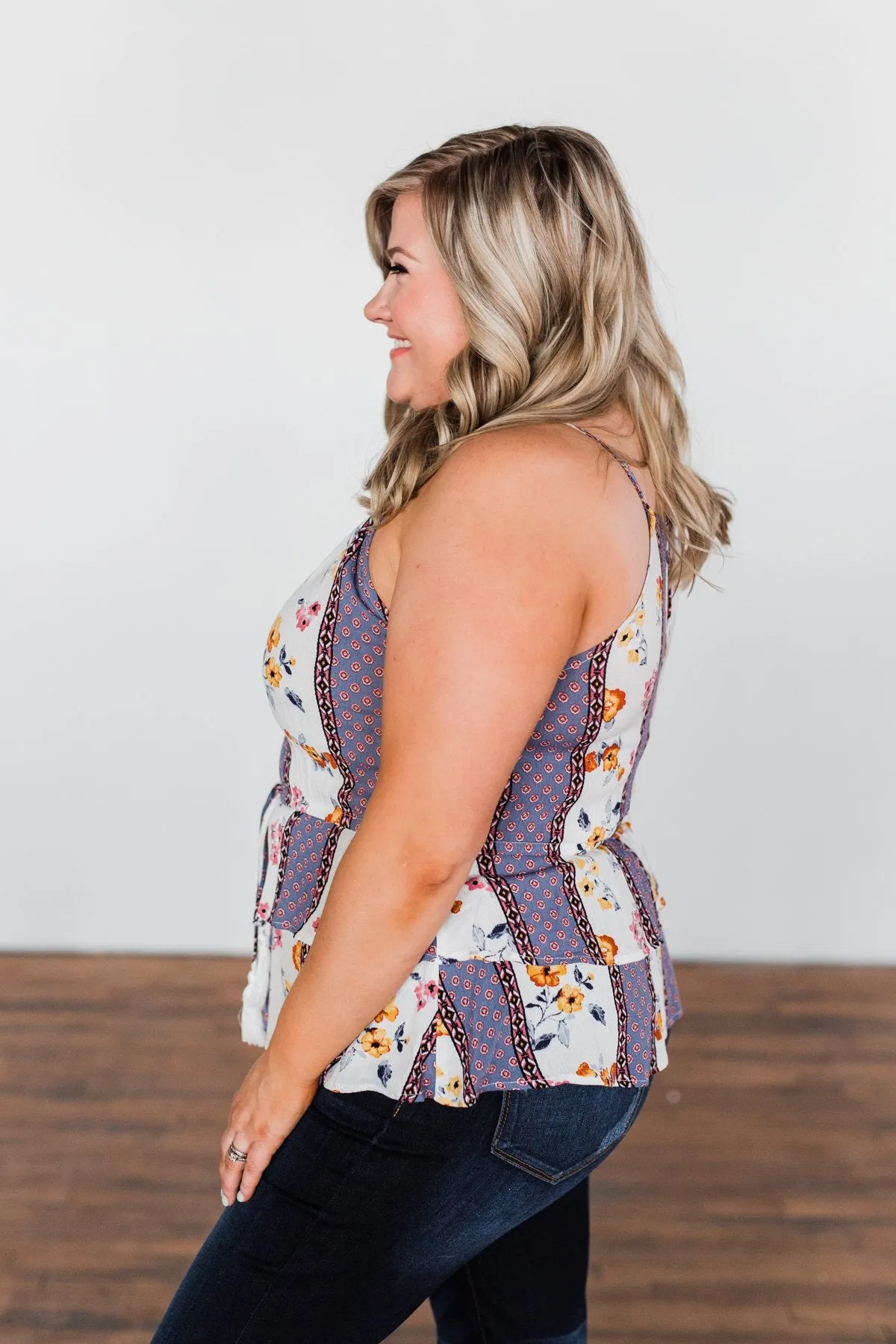 Got My Attention Tank Top- Ivory & Dusty Blue