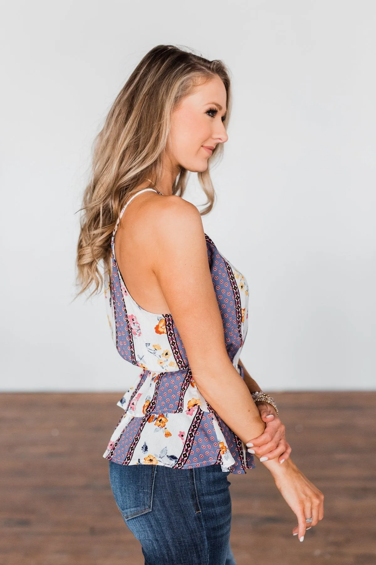 Got My Attention Tank Top- Ivory & Dusty Blue