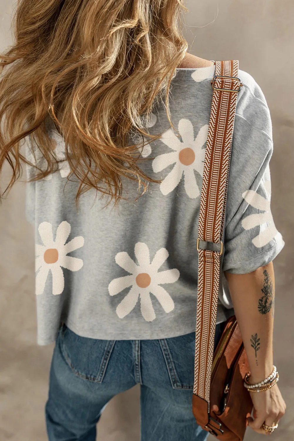 Gray Big Flower Printed Casual T Shirt