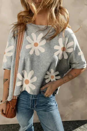 Gray Big Flower Printed Casual T Shirt