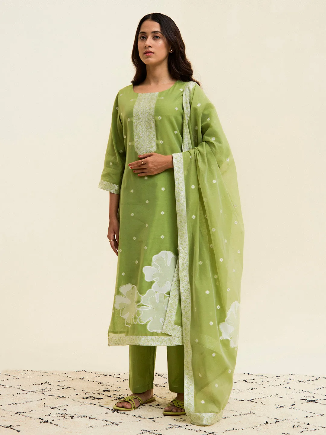 Green Chanderi Jacquard Floral Self-Woven Suit Set