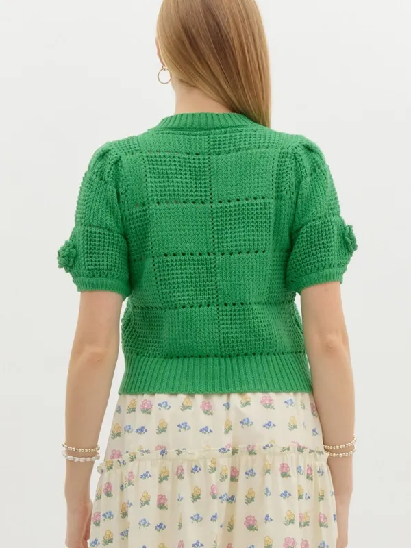 Green Flower Appliqué Short Sleeve Sweater