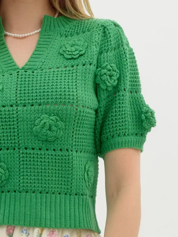 Green Flower Appliqué Short Sleeve Sweater