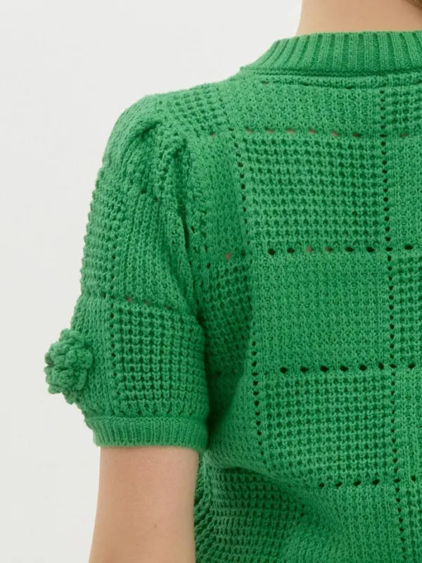 Green Flower Appliqué Short Sleeve Sweater