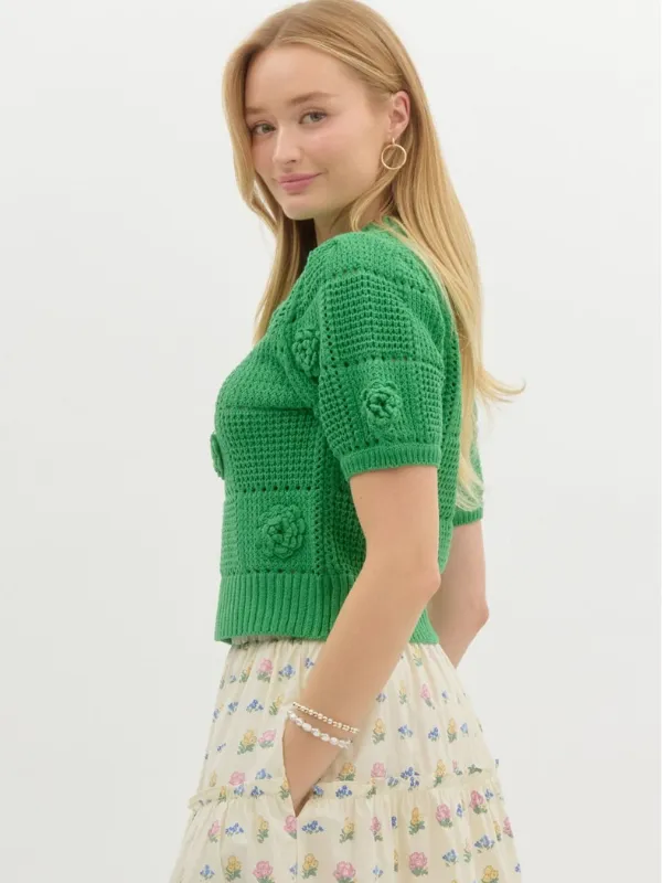 Green Flower Appliqué Short Sleeve Sweater