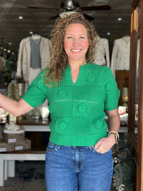 Green Flower Appliqué Short Sleeve Sweater