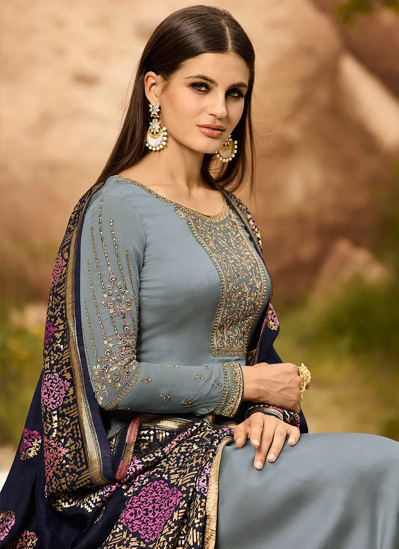 Grey And Blue Embroidered Pants Suit