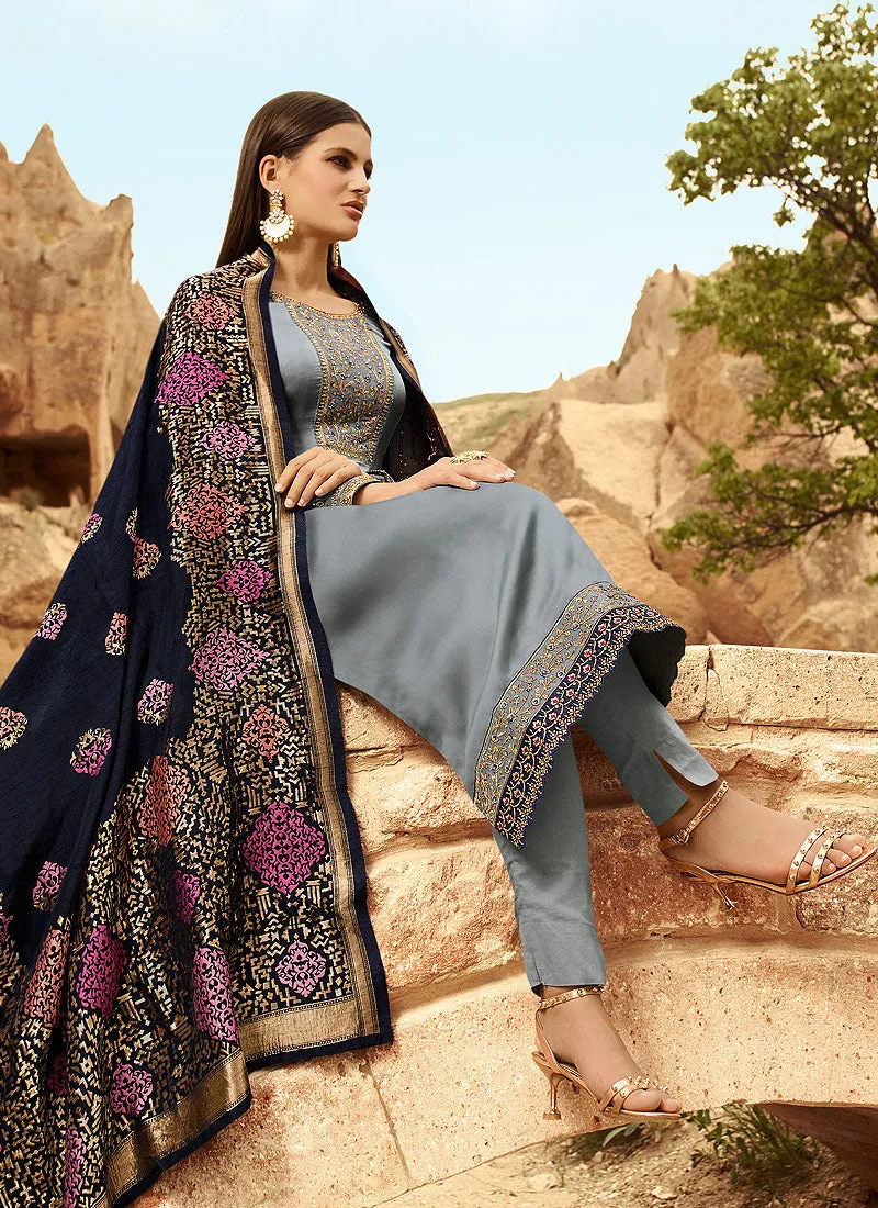 Grey And Blue Embroidered Pants Suit