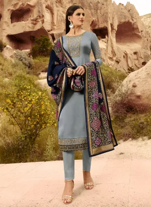Grey And Blue Embroidered Pants Suit