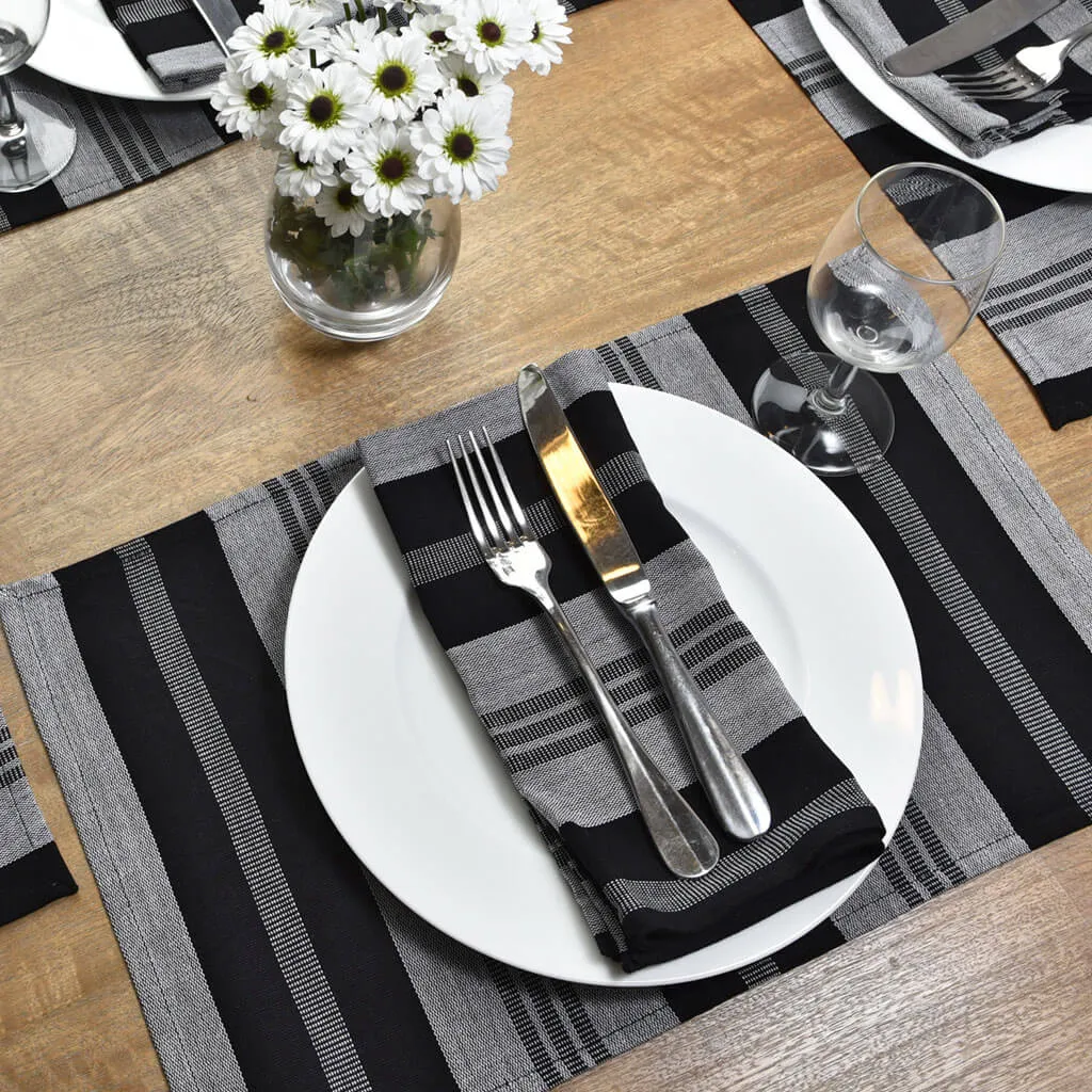 Hand Woven Striped Placemat Set | Black & Gray Stripes
