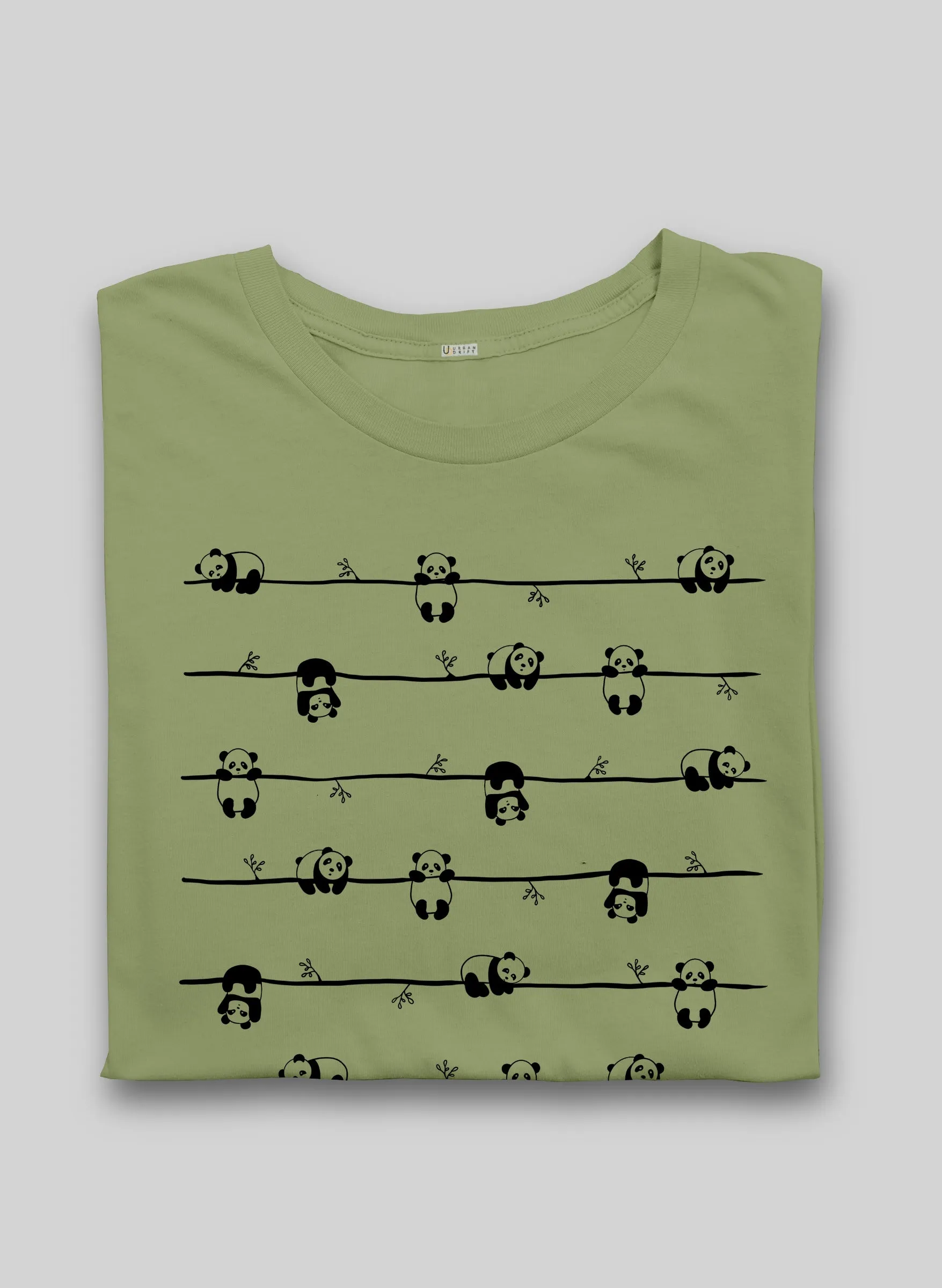 Hanging Pandas Olive Green Half Sleeve T-Shirt
