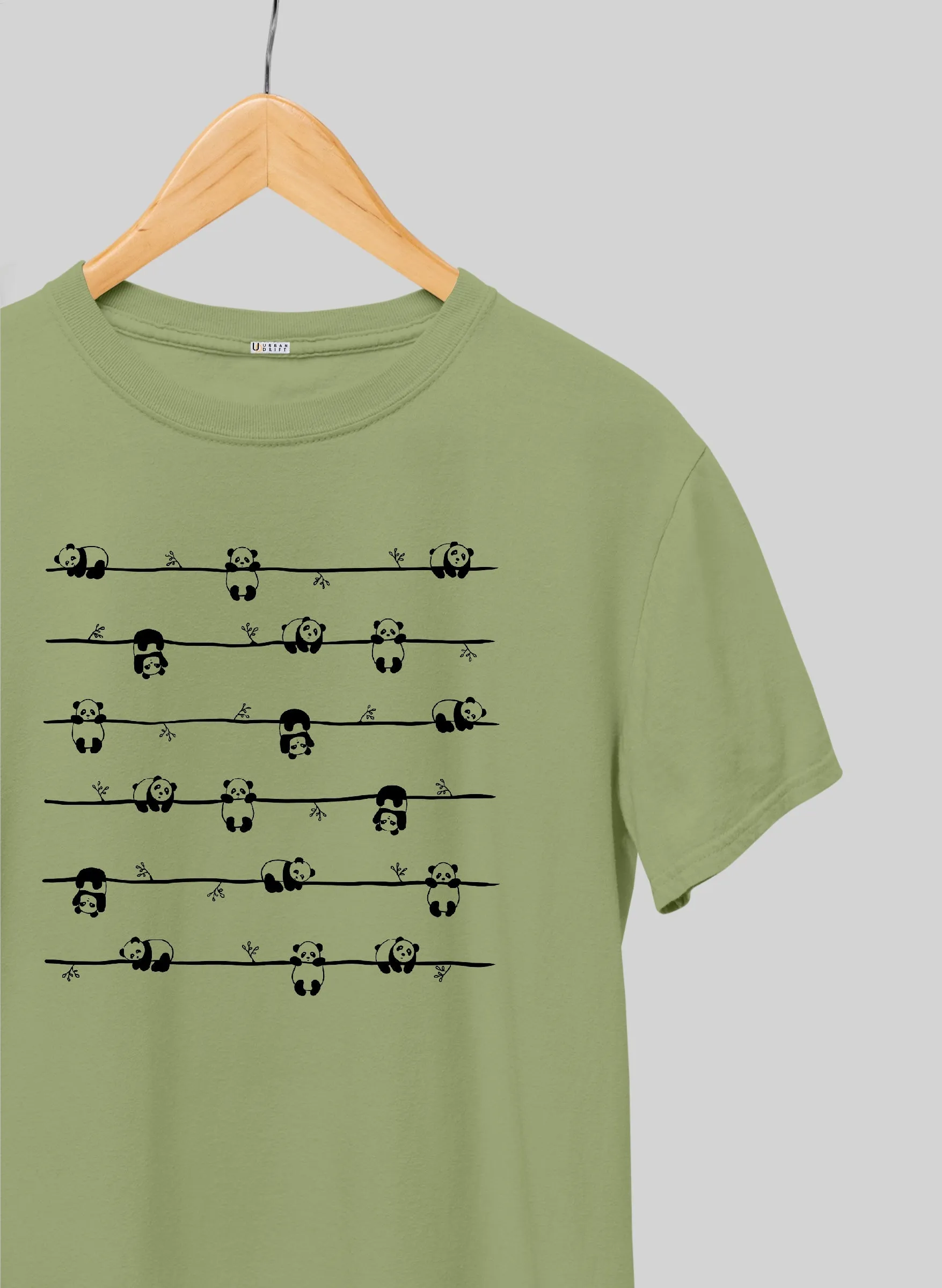 Hanging Pandas Olive Green Half Sleeve T-Shirt