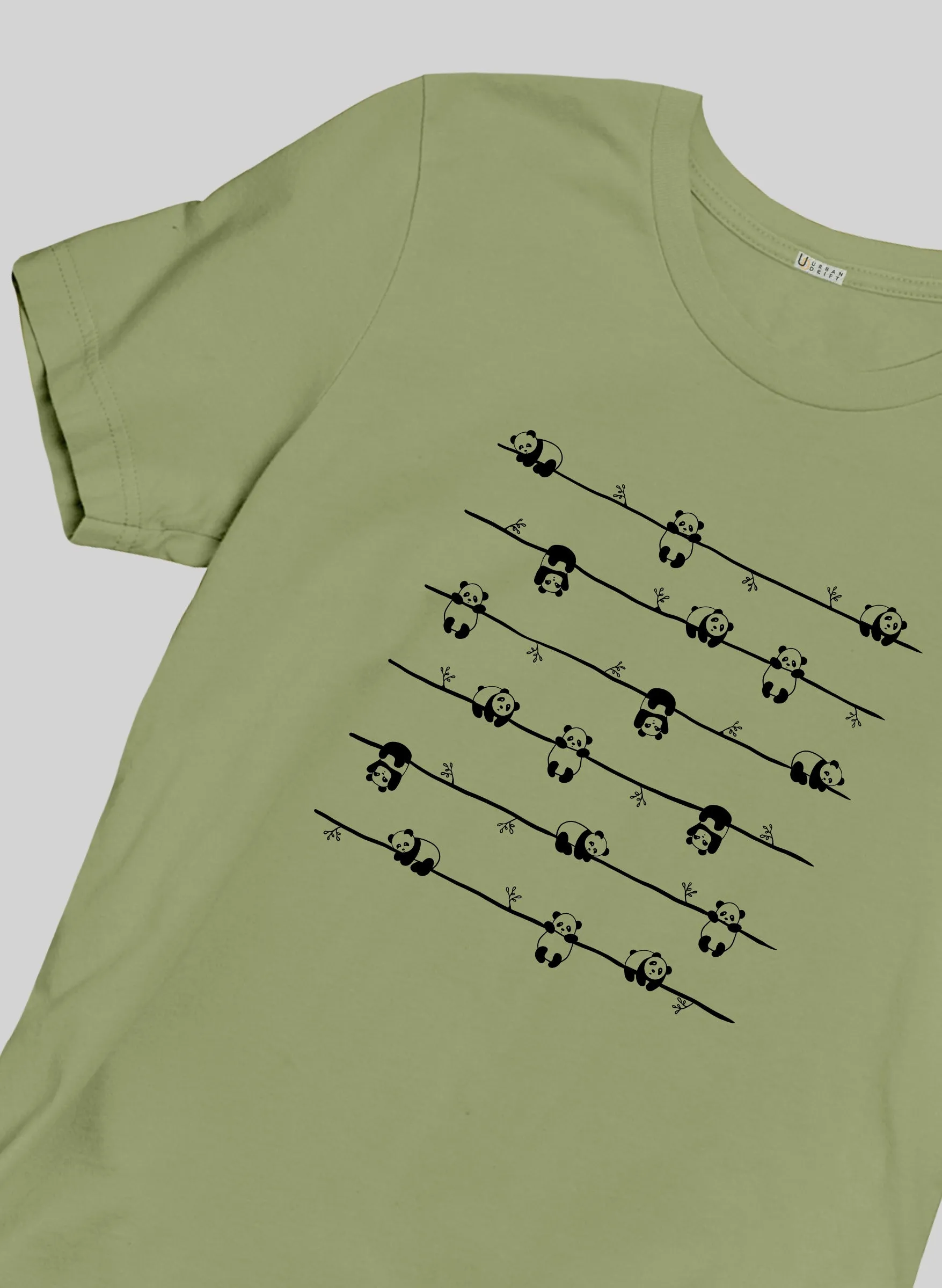 Hanging Pandas Olive Green Half Sleeve T-Shirt