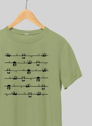 Hanging Pandas Olive Green Half Sleeve T-Shirt