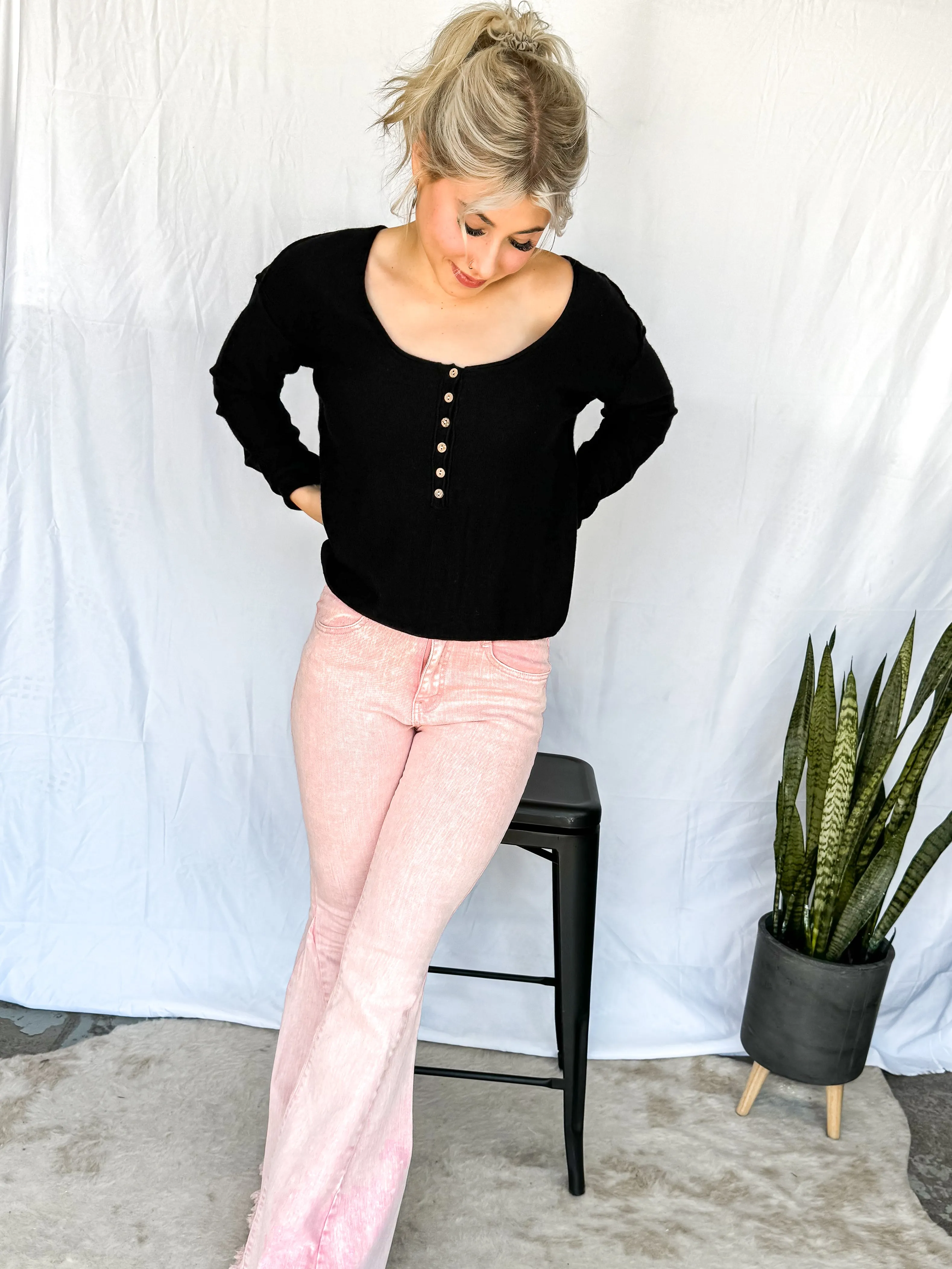 Hannah Round Neck Henley Sweater ~ Black