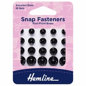 Hemline Snap Fasteners: Sew-on: Black: Assorted: Pack of 20