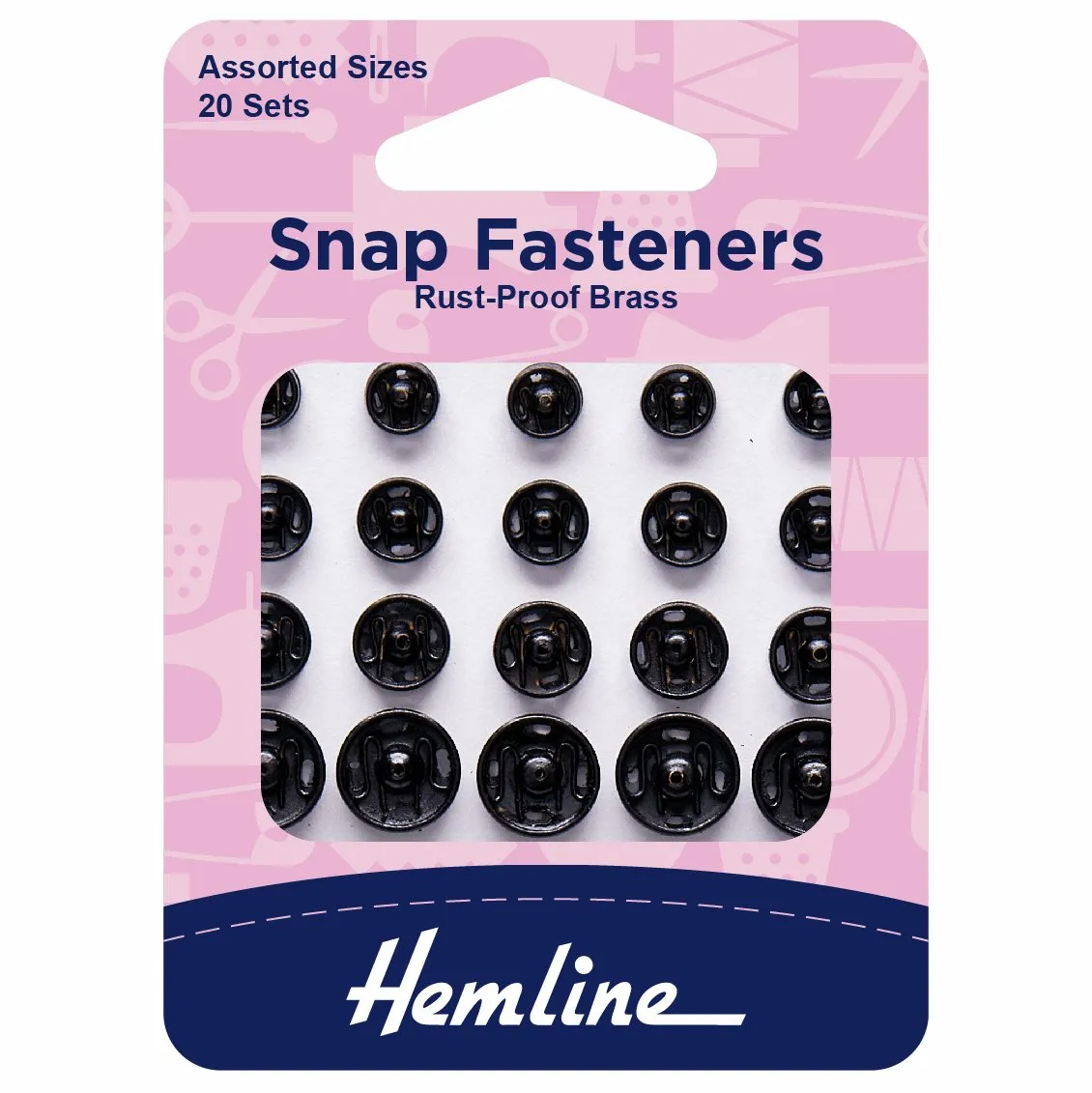 Hemline Snap Fasteners: Sew-on: Black: Assorted: Pack of 20