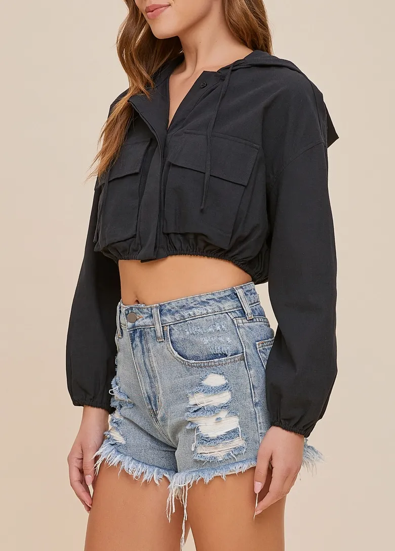 Hooded Square Pocket Cropped Jacket