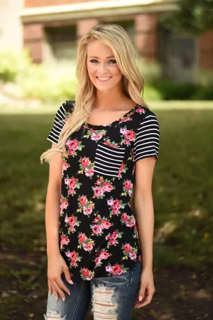 House Party Floral Pocket Top ~ Black