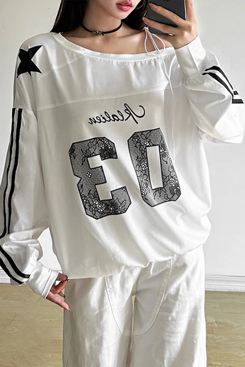 HTT1189 Star Athlete Off-Shoulder Sweatshirt Top