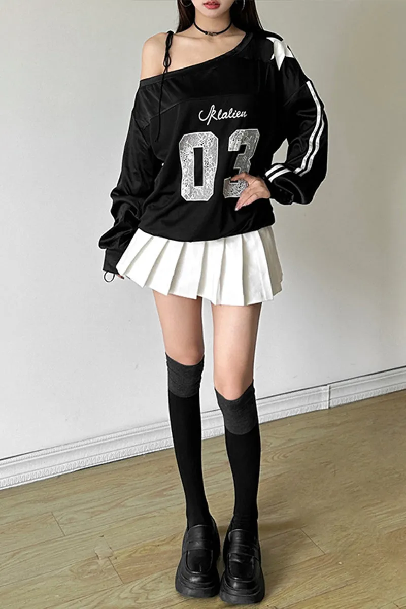 HTT1189 Star Athlete Off-Shoulder Sweatshirt Top