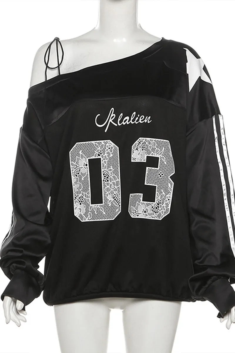 HTT1189 Star Athlete Off-Shoulder Sweatshirt Top