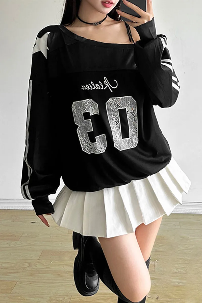 HTT1189 Star Athlete Off-Shoulder Sweatshirt Top