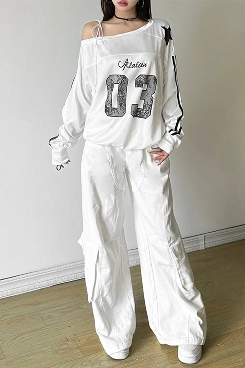HTT1189 Star Athlete Off-Shoulder Sweatshirt Top
