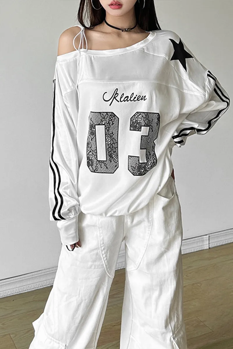 HTT1189 Star Athlete Off-Shoulder Sweatshirt Top