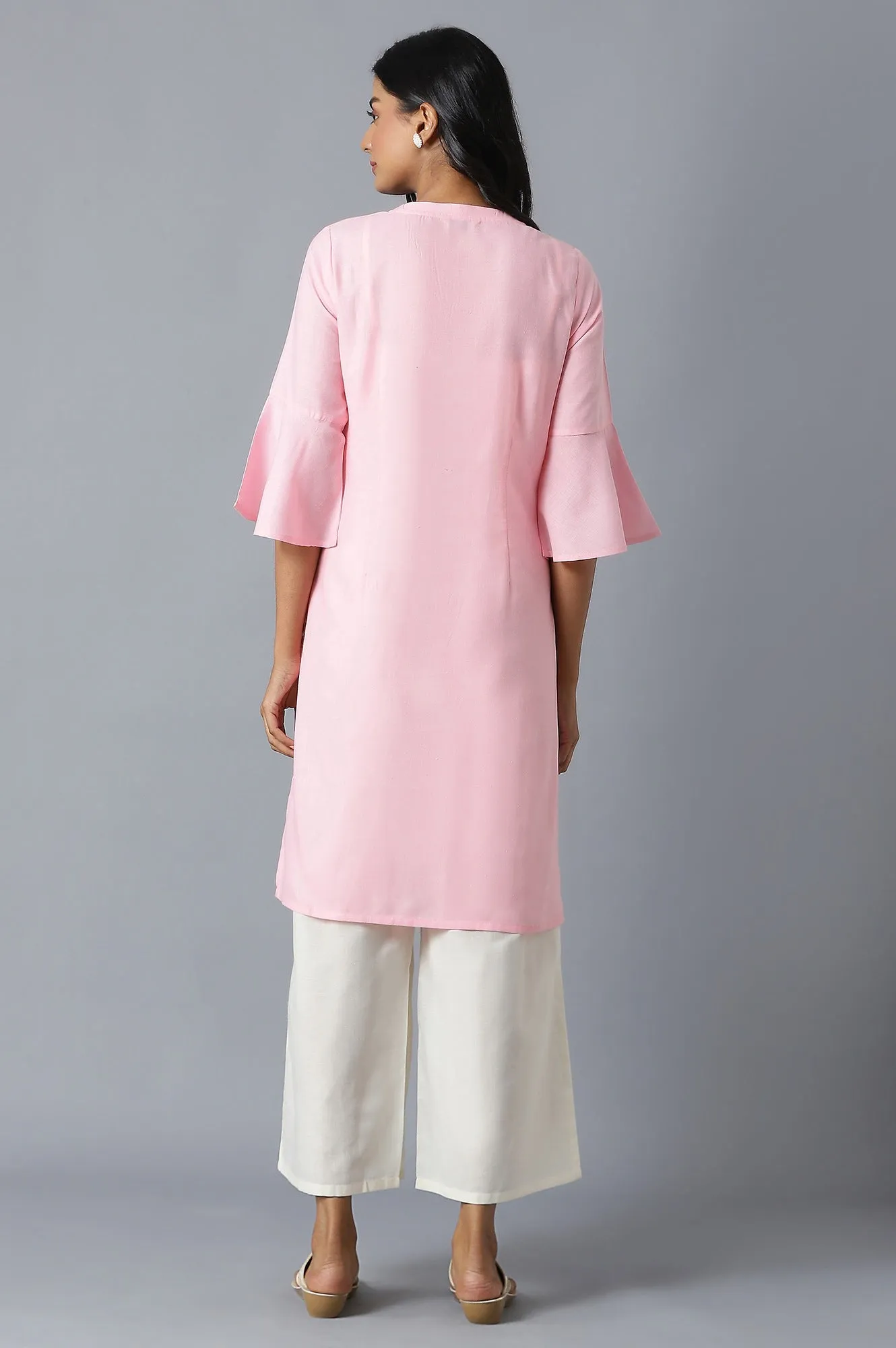 Ice Pink Embroidered kurta Inn V-Neck With Yellow Straight Palazzo