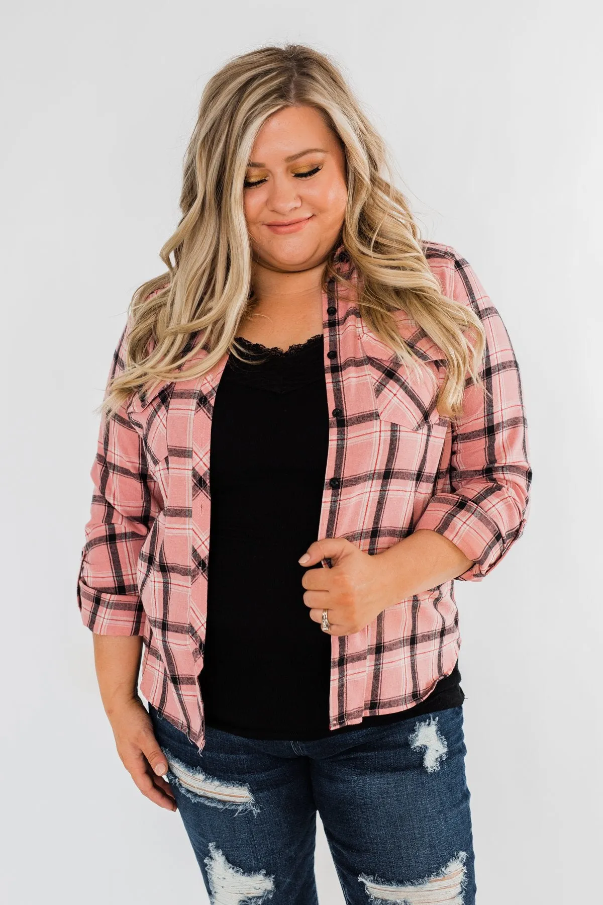 I've Been Told Long Sleeve Plaid Top- Light Pink