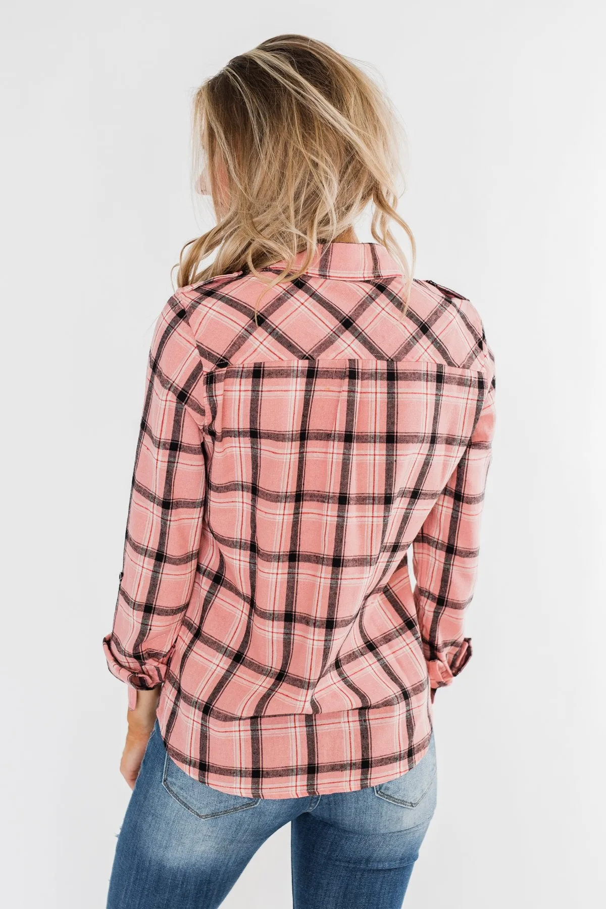 I've Been Told Long Sleeve Plaid Top- Light Pink
