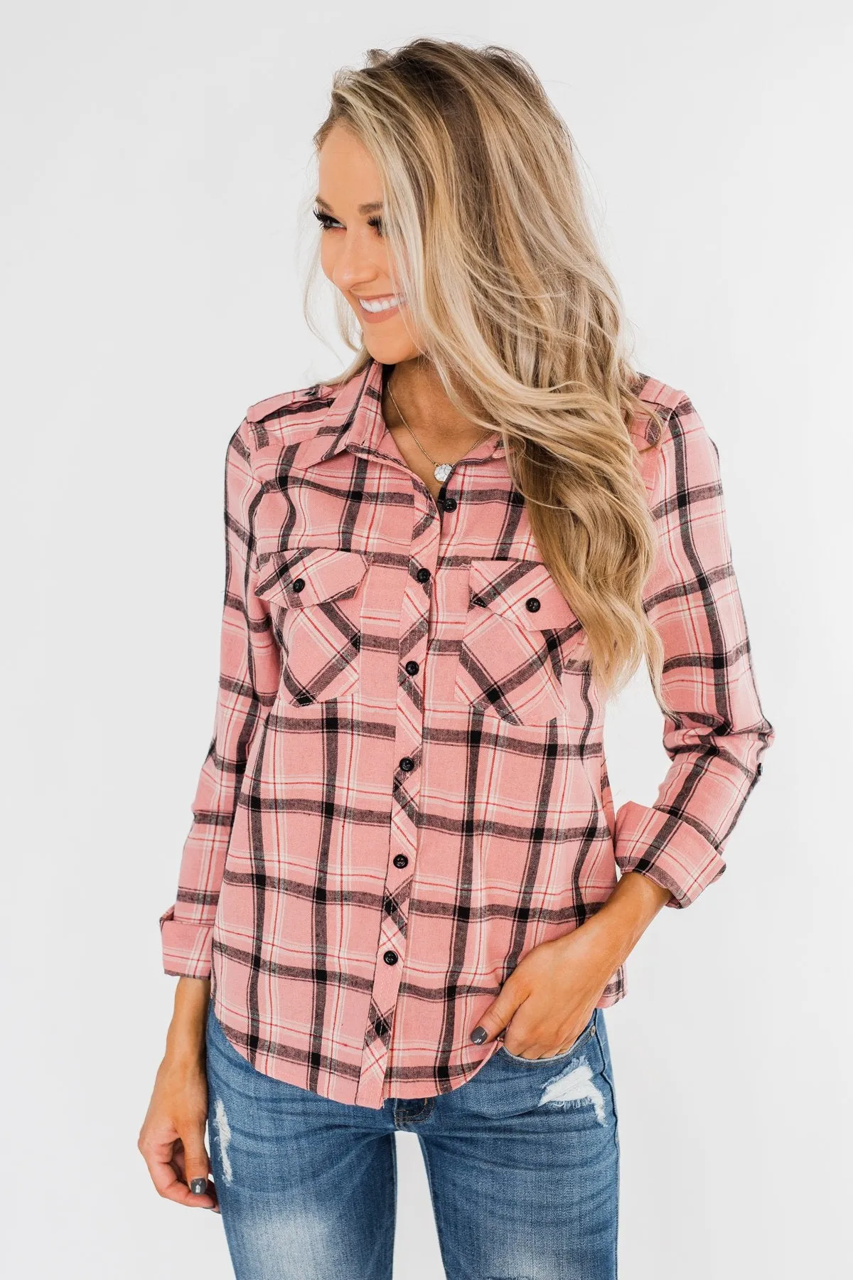I've Been Told Long Sleeve Plaid Top- Light Pink