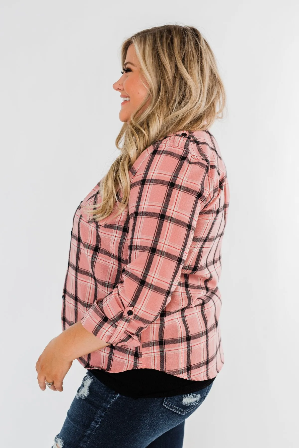 I've Been Told Long Sleeve Plaid Top- Light Pink