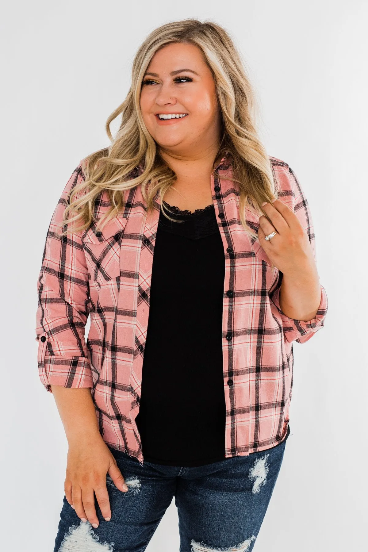 I've Been Told Long Sleeve Plaid Top- Light Pink